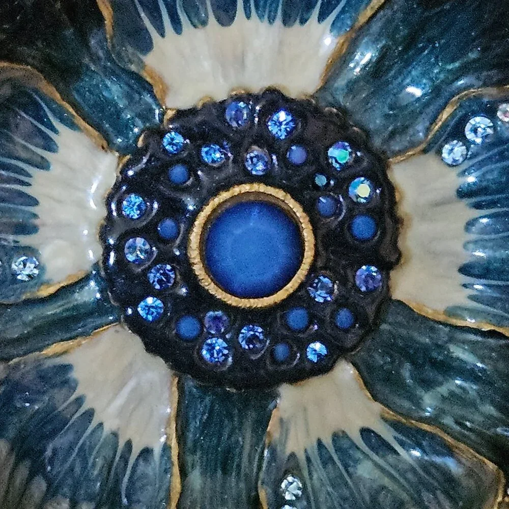 HANDSIGNED RARE JAY STRONGWATER BLUE FLOWER ENAMEL CRYSTAL JEWELRY TRAY DISH
